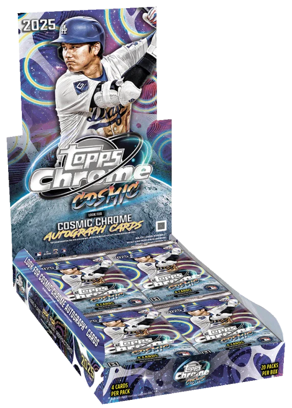 A 2025 Topps Chrome Cosmic Baseball hobby box featuring Shohei Ohtani on the packaging.