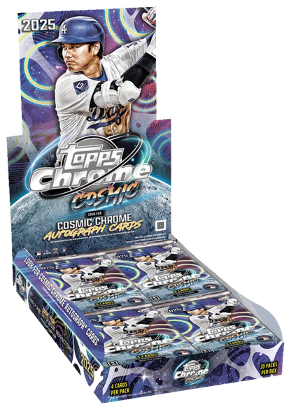 A 2025 Topps Chrome Cosmic Baseball hobby box featuring Shohei Ohtani on the packaging.