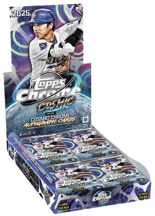 A 2025 Topps Chrome Cosmic Baseball hobby box featuring Shohei Ohtani on the packaging.