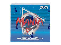 A 2025 Topps Chrome MLS Mania hobby box featuring a blue design and soccer graphics.