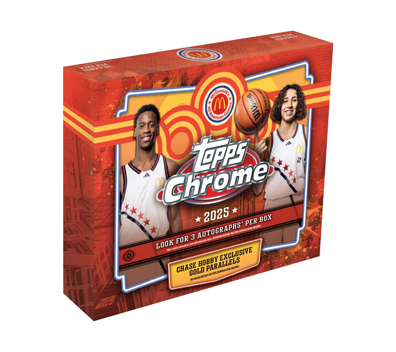 A 2025 Topps Chrome McDonald's All American basketball hobby box featuring two young players.