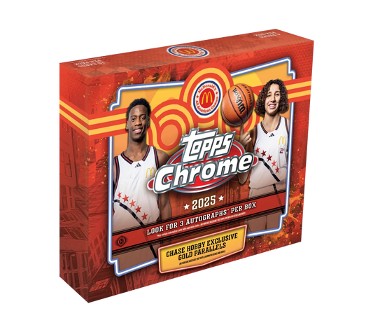 A 2025 Topps Chrome McDonald's All American basketball hobby box featuring two young players.