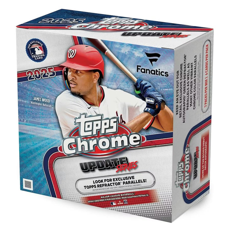 A 2025 Topps Chrome Update Series baseball mega box featuring James Wood on the packaging.