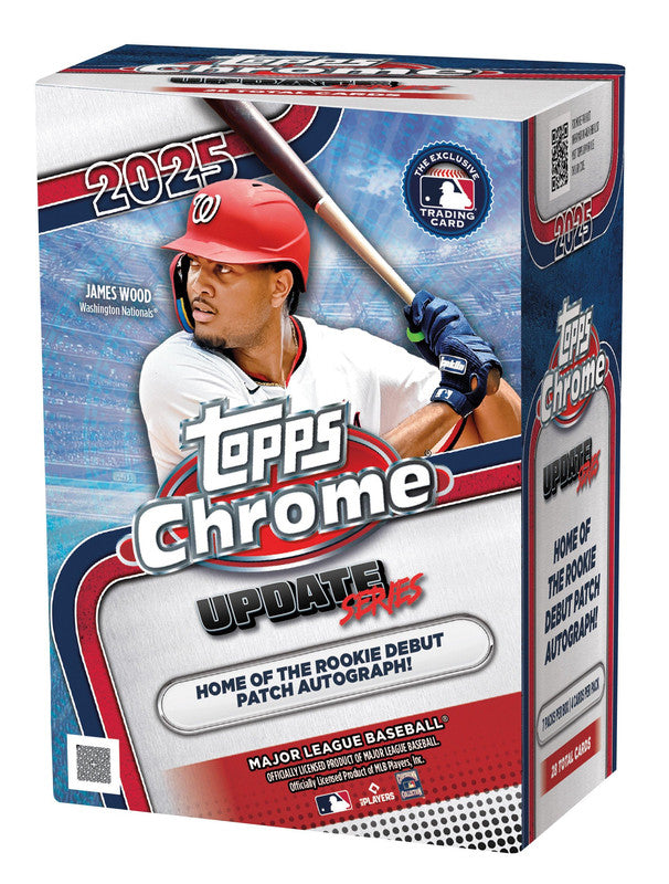 A 2025 Topps Chrome Update Series baseball value box featuring James Wood on the packaging.
