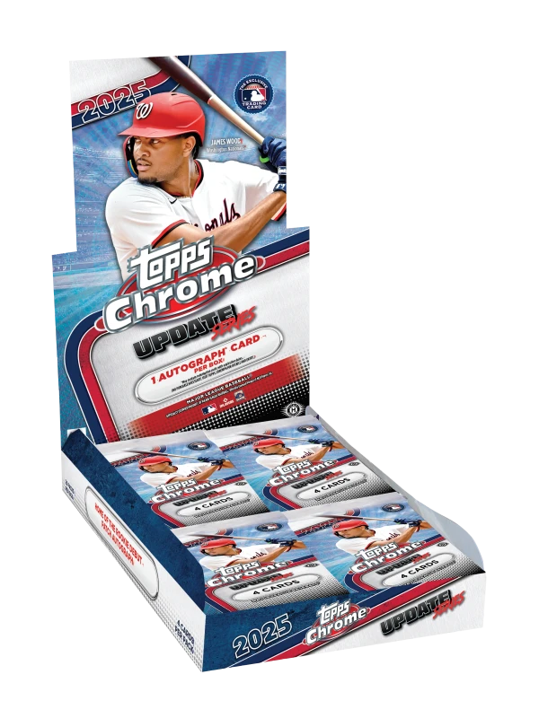 A 2025 Topps Chrome Update Series baseball hobby box containing multiple packs of trading cards.