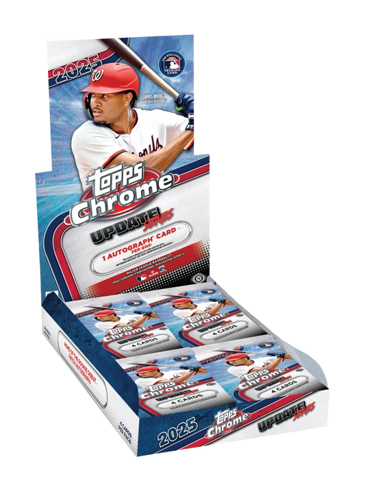 A 2025 Topps Chrome Update Series baseball hobby box containing multiple packs of trading cards.