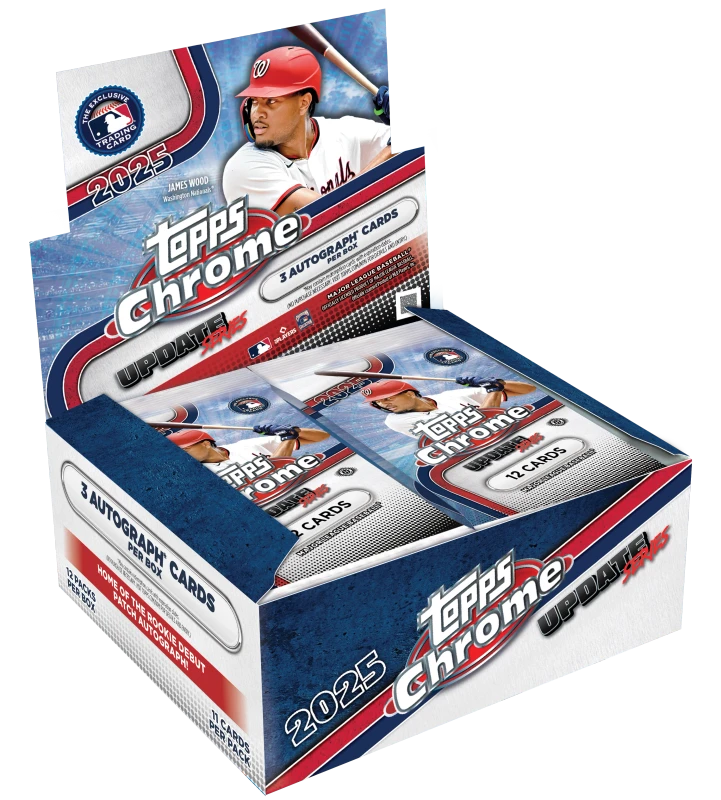 A 2025 Topps Chrome Update Series baseball hobby box featuring James Wood on the packaging.