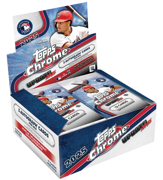 A 2025 Topps Chrome Update Series baseball hobby box featuring James Wood on the packaging.
