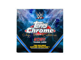 A 2025 Topps Chrome WWE Sapphire Edition trading card box with blue lightning graphics.