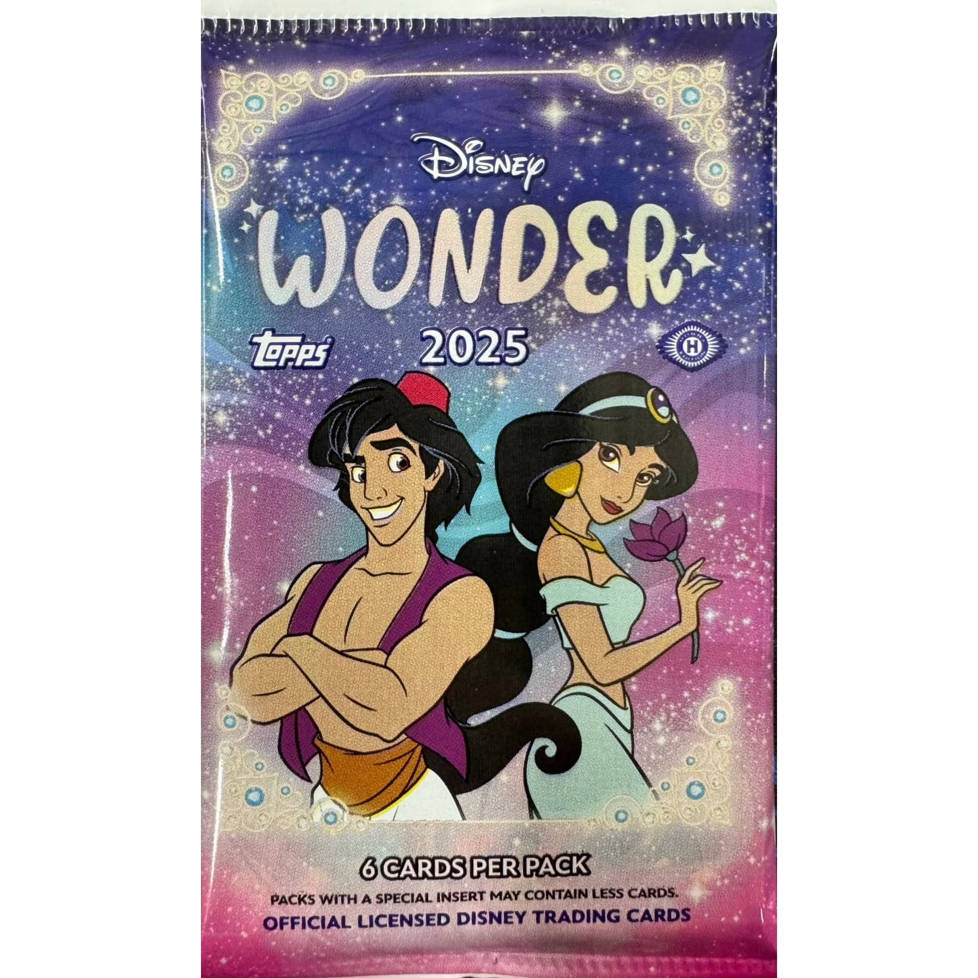 A 2025 Topps Disney Wonder hobby pack featuring Aladdin and Jasmine on the front.