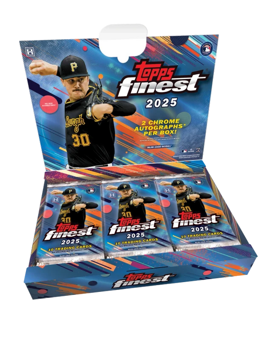 A 2025 Topps Finest baseball hobby box containing multiple packs of trading cards.