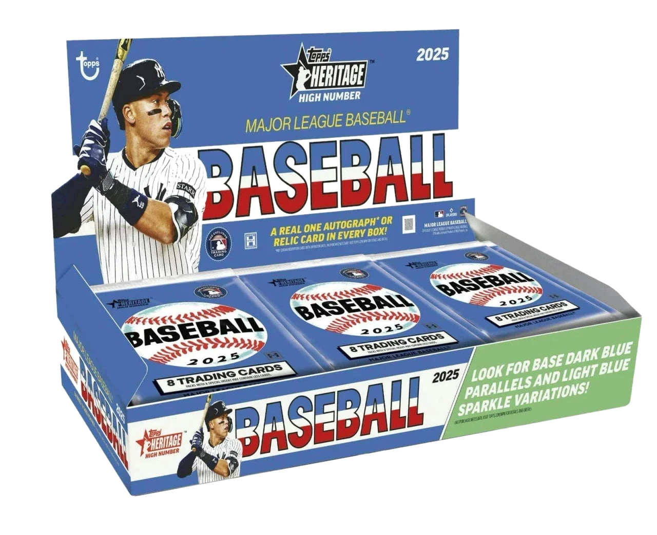A 2025 Topps Heritage High Number baseball hobby box featuring Aaron Judge on the packaging.