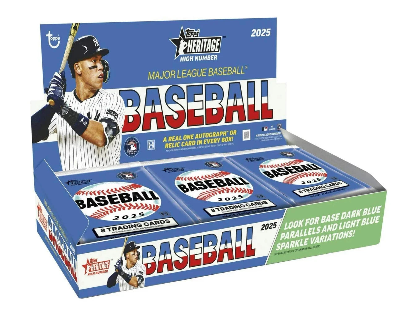 A 2025 Topps Heritage High Number baseball hobby box featuring Aaron Judge on the packaging.