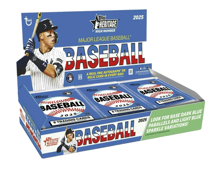 A 2025 Topps Heritage High Number baseball hobby box featuring Aaron Judge on the packaging.