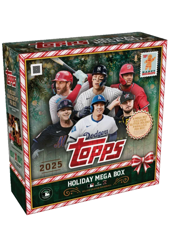 A 2025 Topps Holiday Baseball Mega Box featuring a festive design with various MLB players.