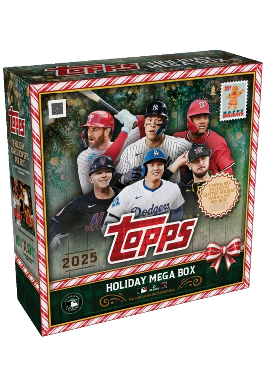 A 2025 Topps Holiday Baseball Mega Box featuring a festive design with various MLB players.