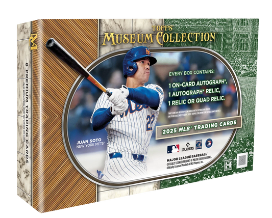 A 2025 Topps Museum Collection baseball hobby box featuring Juan Soto on the packaging.