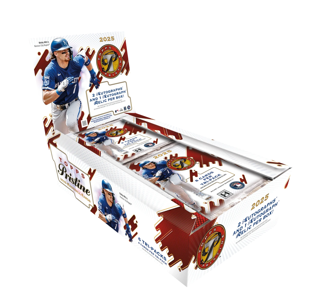 A 2025 Topps Pristine baseball hobby box featuring Bobby Witt Jr. on the packaging.