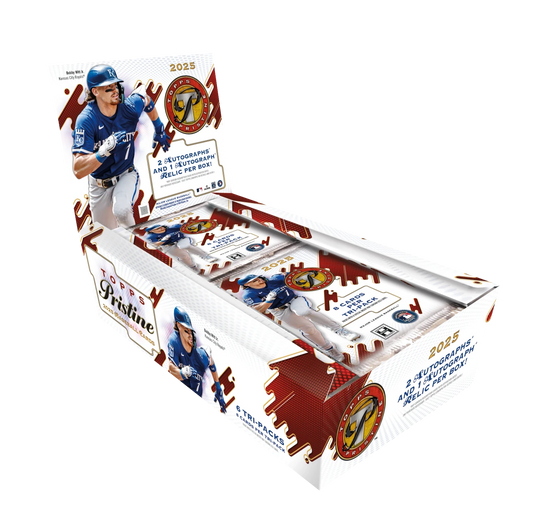 A 2025 Topps Pristine baseball hobby box featuring Bobby Witt Jr. on the packaging.