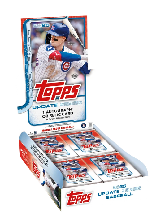 A 2025 Topps Update Series baseball hobby box containing multiple packs of trading cards.