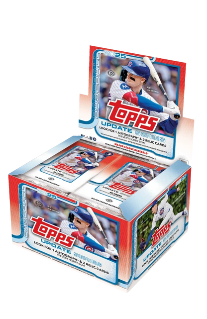 A 2025 Topps Update Series Baseball jumbo hobby box featuring Chicago Cubs branding.