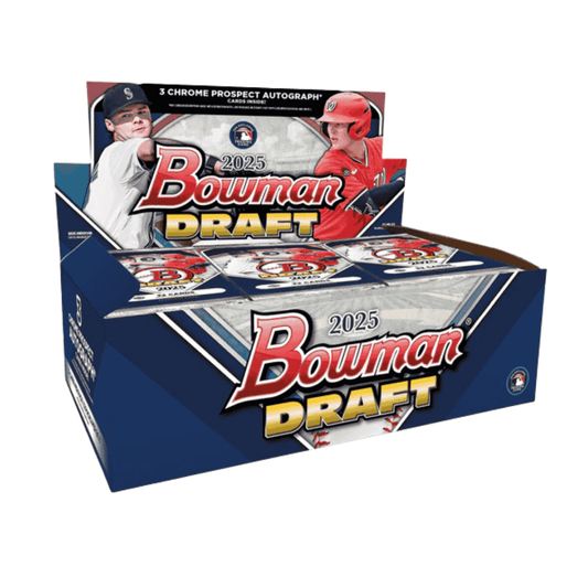 A 2025 Bowman Draft baseball hobby box featuring branding and player imagery.