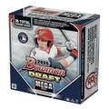 A 2025 Bowman Draft Baseball Mega Box featuring a Washington Nationals player on the packaging.