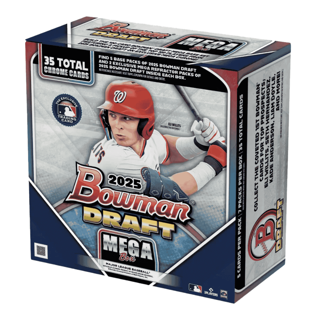 A 2025 Bowman Draft Baseball Mega Box featuring a Washington Nationals player on the packaging.