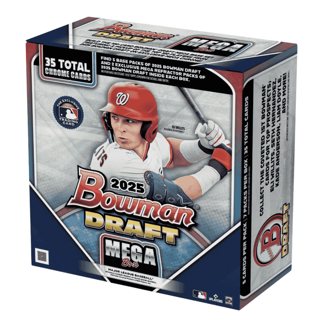 A 2025 Bowman Draft Baseball Mega Box featuring a Washington Nationals player on the packaging.