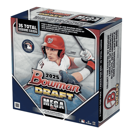 A 2025 Bowman Draft Baseball Mega Box featuring a Washington Nationals player on the packaging.