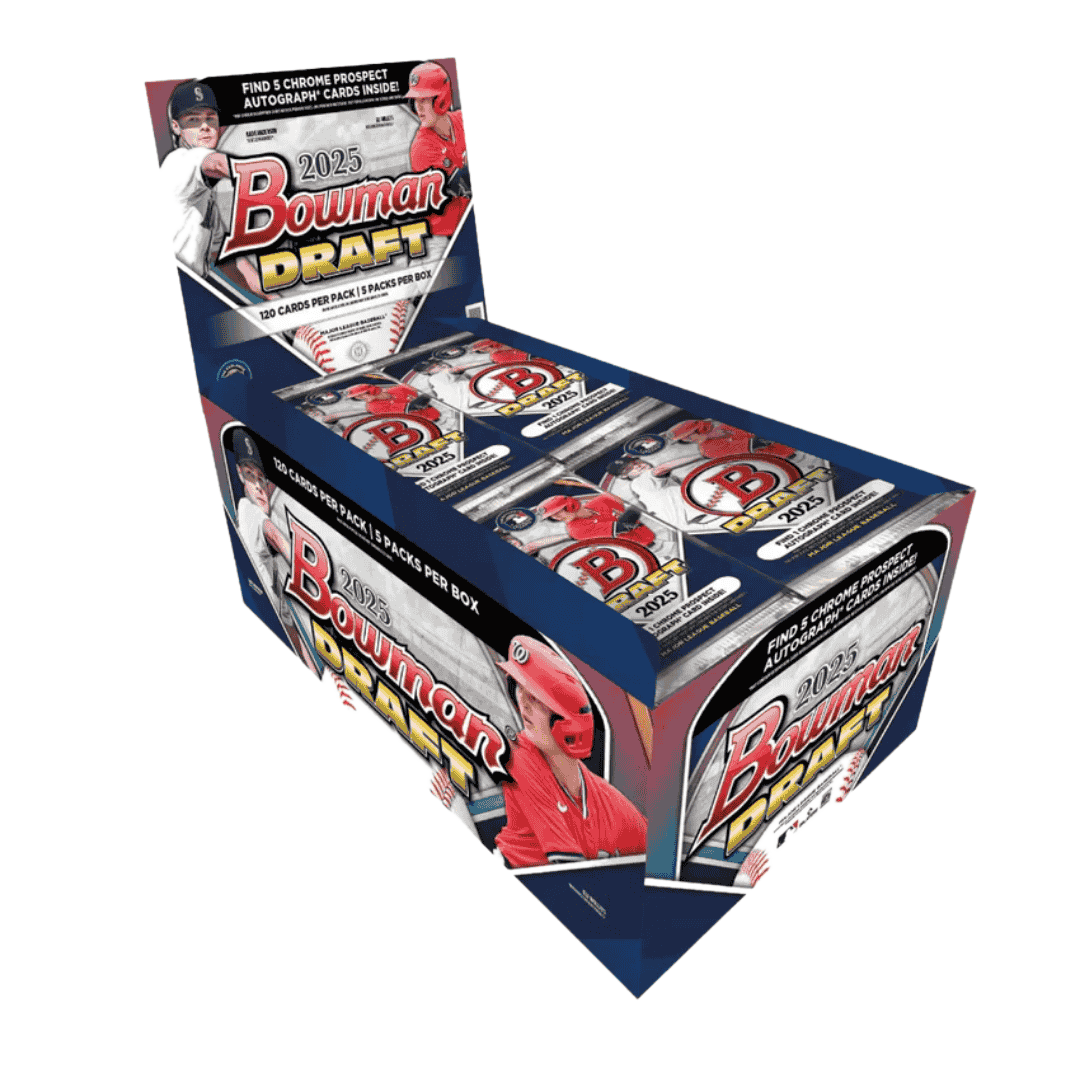 A 2025 Bowman Draft Baseball Super Jumbo box containing five packs of trading cards.
