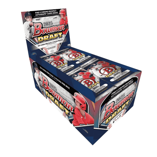 A 2025 Bowman Draft Baseball Super Jumbo box containing five packs of trading cards.