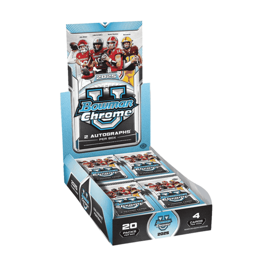 A 2025 Bowman University Chrome football hobby box containing twenty packs of trading cards.
