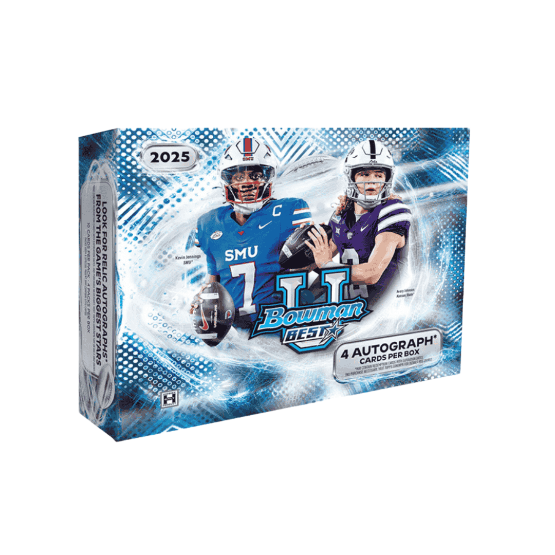 A 2025 Bowman's Best University Football hobby box featuring college football players.