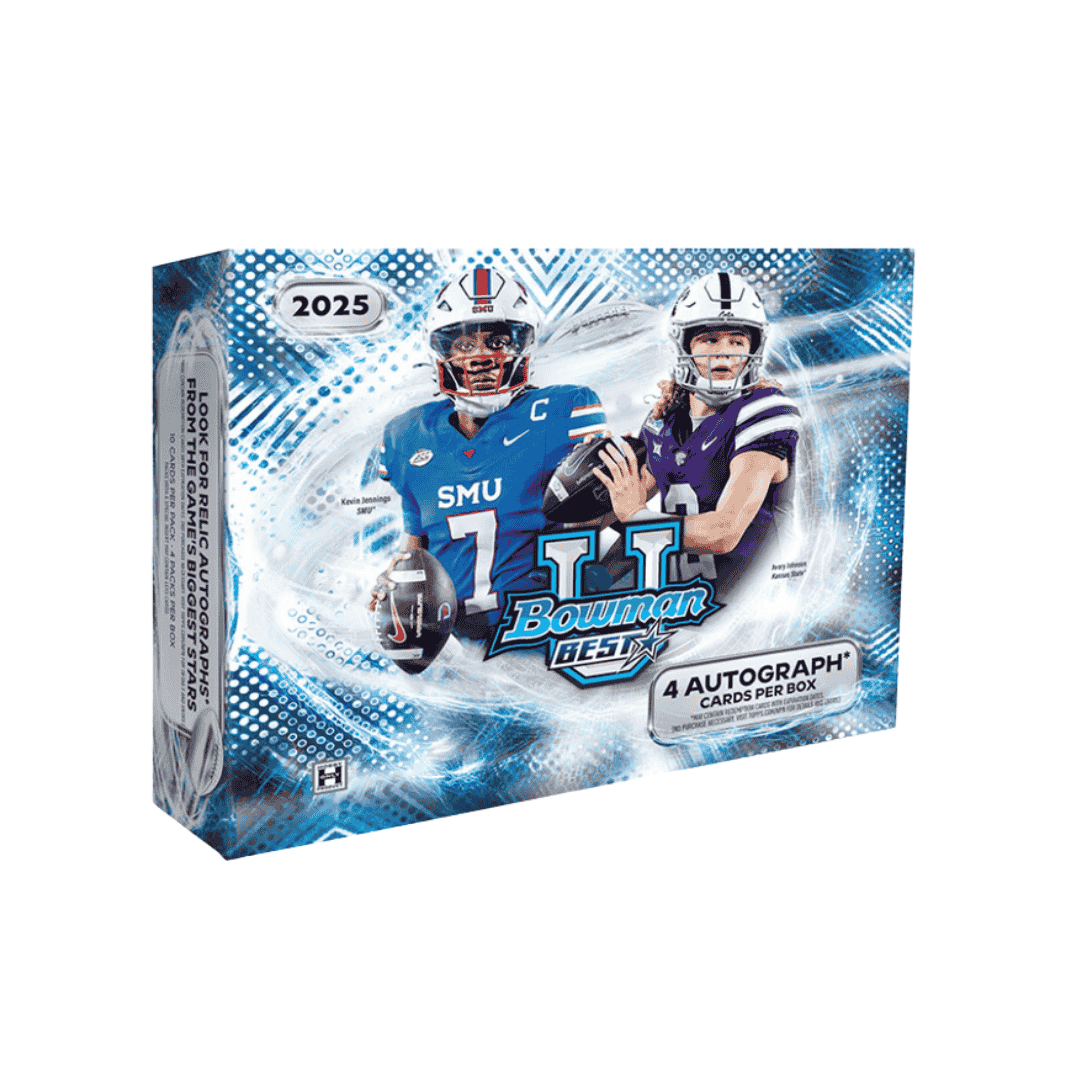 A 2025 Bowman's Best University Football hobby box featuring college football players.