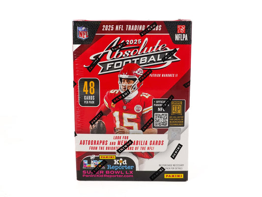 A 2025 Panini Absolute Football hobby blaster box featuring Patrick Mahomes on the packaging.