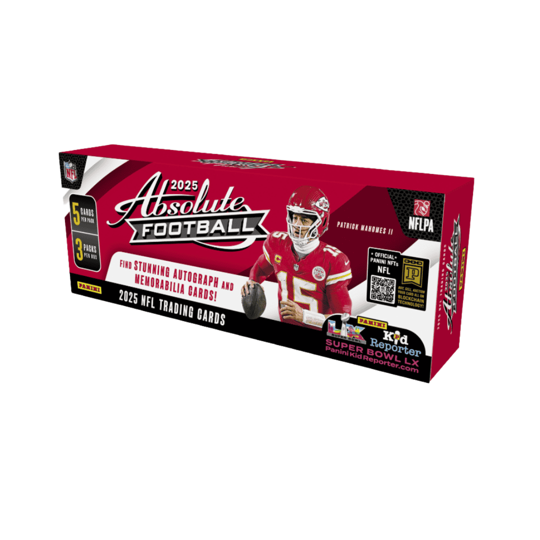 A 2025 Panini Absolute Football hobby box featuring Patrick Mahomes on the packaging.