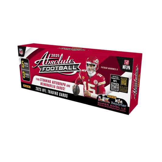 A 2025 Panini Absolute Football hobby box featuring Patrick Mahomes on the packaging.