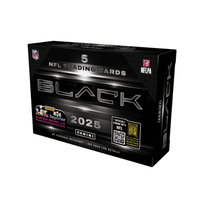 A 2025 Panini Black football hobby box featuring a sleek black design and five trading cards.