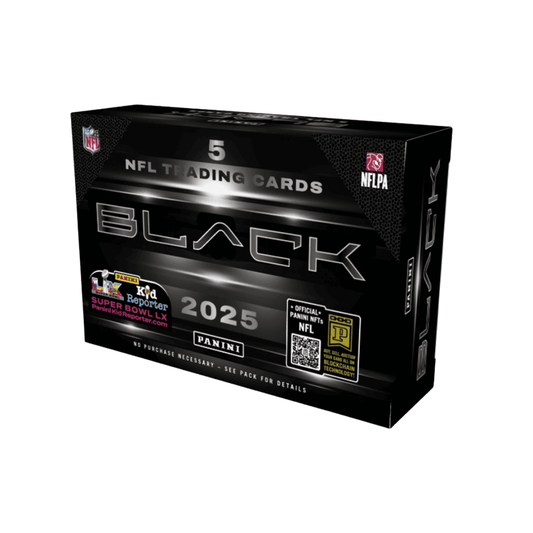 A 2025 Panini Black football hobby box featuring a sleek black design and five trading cards.