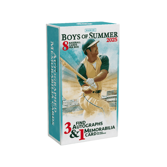 A 2025 Panini Boys of Summer baseball hobby box featuring an illustration of a batter.