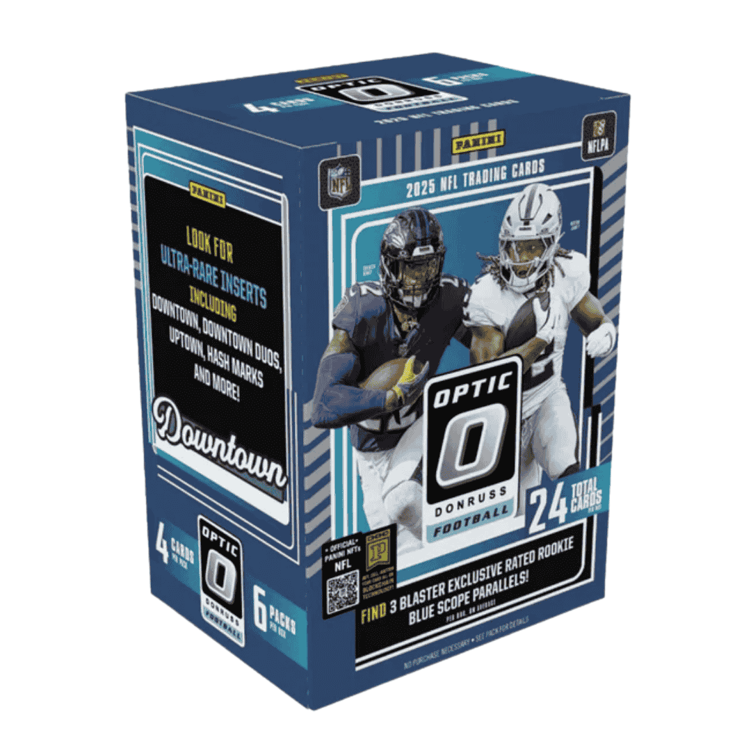 A 2025 Panini Donruss Optic football blaster box featuring blue and white branding.