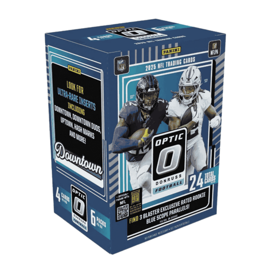 A 2025 Panini Donruss Optic football blaster box featuring blue and white branding.