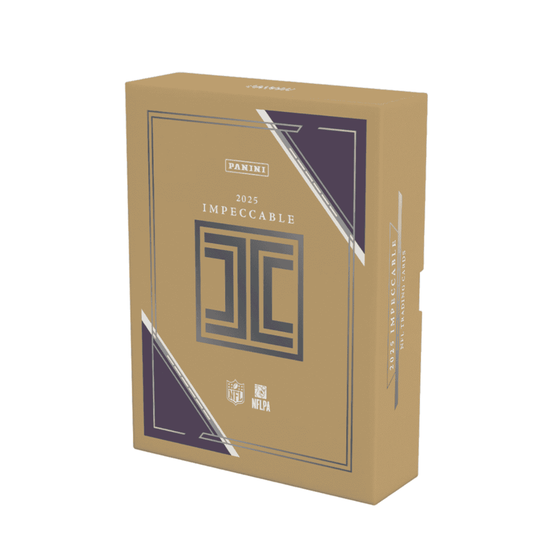 A gold-colored 2025 Panini Impeccable Football hobby box with dark purple corner accents.