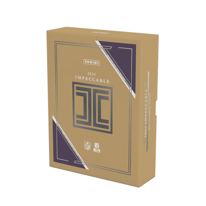 A gold-colored 2025 Panini Impeccable Football hobby box with dark purple corner accents.