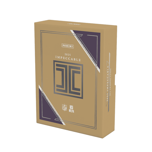 A gold-colored 2025 Panini Impeccable Football hobby box with dark purple corner accents.