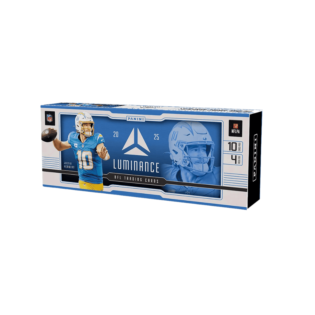 A 2025 Panini Luminance football hobby box featuring Justin Herbert on the packaging.