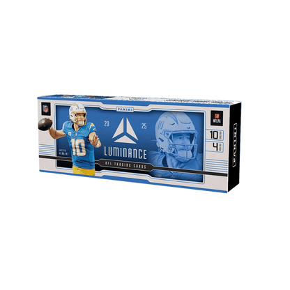 A 2025 Panini Luminance football hobby box featuring Justin Herbert on the packaging.