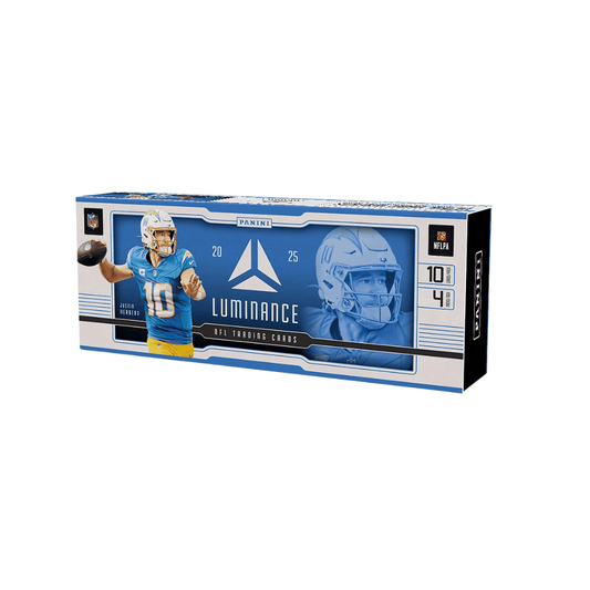 A 2025 Panini Luminance football hobby box featuring Justin Herbert on the packaging.
