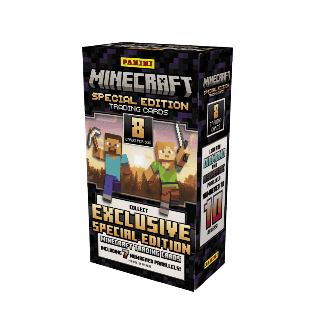 A 2025 Panini Minecraft Special Edition hobby box featuring Steve and Alex on the packaging.